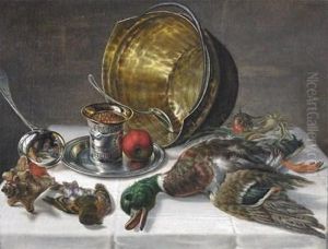 Still Life Of Silver, Birds, Fruit And A Shell With A Small Reflection Of The Artist