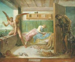 'When Poverty comes in at the Door, Love flies out at the Window' (German proverb) by George Frederick Watts