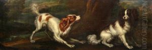 Playful Spaniels In A Landscape by Francis Barlow