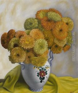 Stillleben Mit Chrysanthemen In Grosser Henkelvase