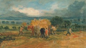 A Harvest Scene with Workers loading Hay on to a Farm Wagon by James Ward