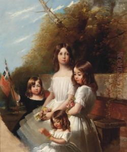Group Portrait Of Four Children In A Landscape, Holding Flowers And A Flag by Henry Barraud