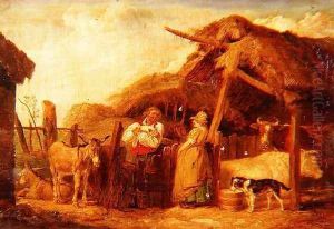 A farmer and his wife with cows, donkeys and animals by a barn in a farmyard by James Ward