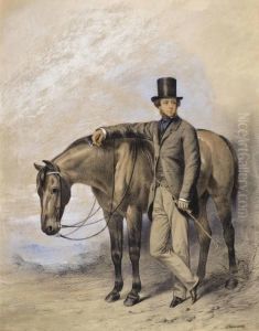 Portrait Of A Gentleman, Standing Full-length Beside A Horse, His Crop In His Hand by William Barraud