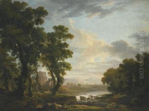 An Extensive Wooded River
Landscape, With Shepherds Reclining In The Foreground And Ruins Beyond by George Cuitt