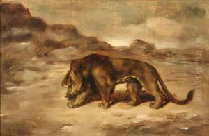 Lion In A Barren Landscape by Antoine-louis Barye