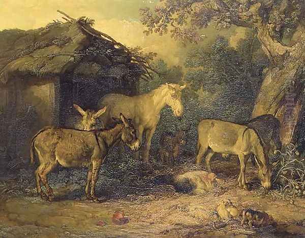 Donkeys, horse and pigs by a barn in a farmyard - view 1