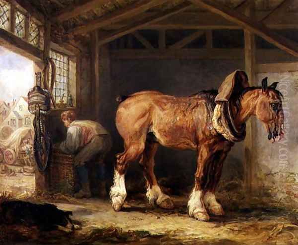 A groom with carthorse in a stable - view 1
