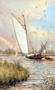 Broadland Scene With Sailing Boats, Windmill And Rainbow by Stephen John Batchelder