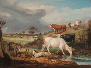 Cattle, Donkeys and Pigs by a Pool