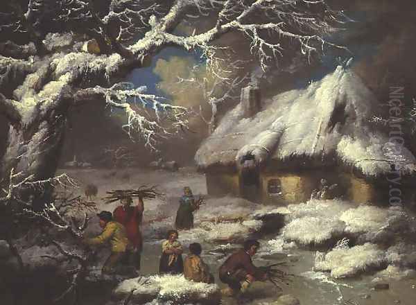 Figures gathering faggots in a winter landscape - view 1
