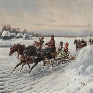 Winter Landscape With Sled Driwing In High Speed by Adolf Baumgartner