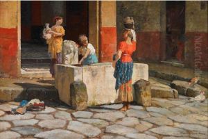 Maidens At A Courtyard Fountain