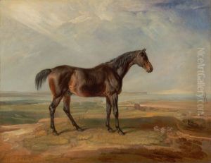 Dr. Syntax, a bay racehorse, standing in a coastal landscape, an estuary beyond by James Ward