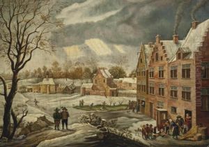 A Winter Landscape Of A Village With Figures by Jan Abrahamsz. Beerstraaten