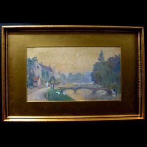 Figures Walking Beside Canal With Ducks by Frederic Marlett Bell-Smith