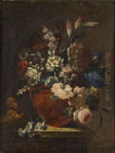 Rose, Garofani, Campanule, Gelsomini, Azalee E Altri Fiori In Un Vaso Su Un Tavolo by Andrea Belvedere