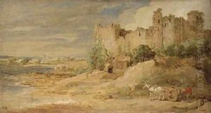 A castle by the sea, possibly Manorbier Castle, Pembrokeshire