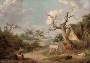 A wooded landscape with figures in the foreground and horses and pigs by a cottage by James Ward