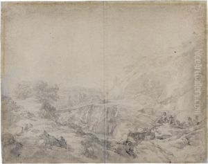 Mountainous Landscape With Herders And Animals In The Foreground