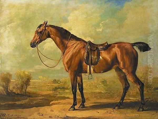 Wasp, a saddled bay hunter, in a landscape - view 1