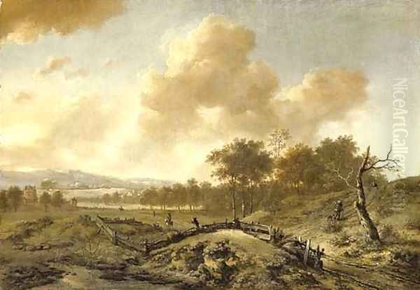 An extensive dune landscape with travelers on a path - view 1