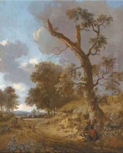 An extensive wooded landscape with a herdsman resting by a tree and hunters on a path in the distance An extensive wooded landscape with a herdsman resting by a tree and hunters on a path in the distance