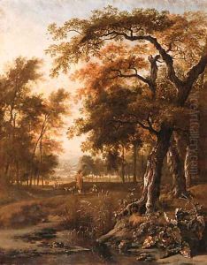A wooded Landscape with Huntsmen resting by a path A wooded Landscape with Huntsmen resting by a path