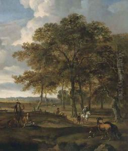 A landscape with a hawking party and hare coursing