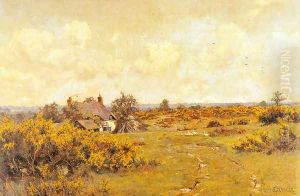 A gaggle of geese on a fram track in a Surrey landscape, a cottage beyond