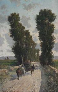 Horses Hauling A Loaded Cart Outside Rome by Cesare Bertolla