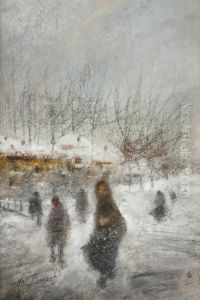 Paesaggio Innevato Con Bambini by Mose Bianchi