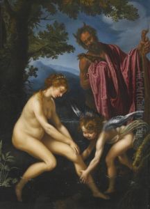 Venus, Cupid And Pan by Giovanni Biliverti