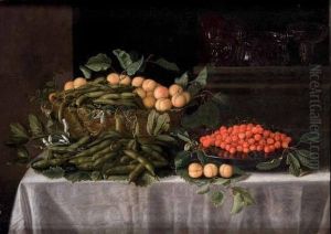 Albicocche, Baccelli Di Fave, E Un Vassoio Di Ciliegie Su Un Tavolo by Bartolommeo Bimbi