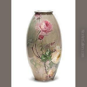 Ovoid Vase With Pink And Yellow Roses by Franz Bischoff