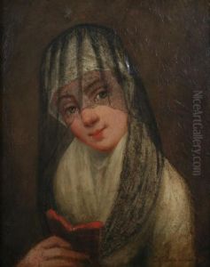Young Girl In A Veil Holding A Book by Christoffel Bisschop