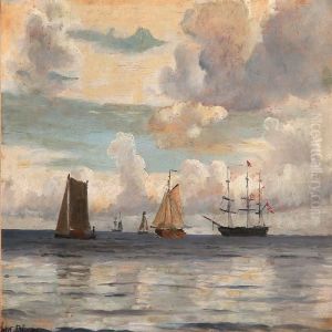 Seascsape With Sailing Ships At A Calm Sea by Christian Vigilius Blache