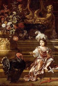 A Boy Seated On A Terrace With His Pet Monkey And a Turkey, A Still Life Of Flowers In A Sculpted Urn At Left by Jan Weenix