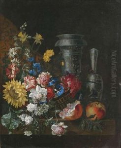 Blumen- Und Fruchtestilleben Mit Prunkgefasen Auf Einem Steinpodest