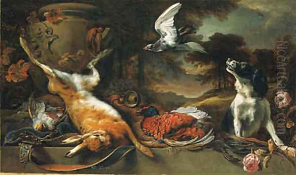 A spaniel and a pigeon with a brace of partridge, a cock pheasant and a hare, a horn, and a satchel with a stone urn on a ledge with roses - view 1