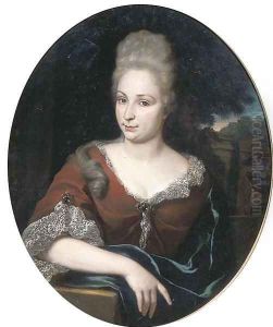 Portrait of a lady, half-length, in a red dress and lace chemise, a park beyond by Jan Weenix