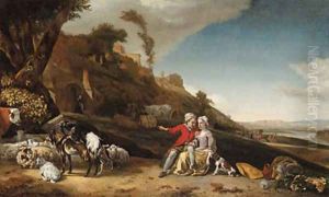 A young couple with goats and sheep in an Italianate landscape by Jan Weenix
