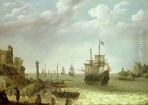 Settlement on a rocky shore with the Dutch fleet approaching, 1640