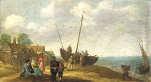 A coastal landscape with fish sellers by a beached boat, a village beyond by Abraham Willaerts