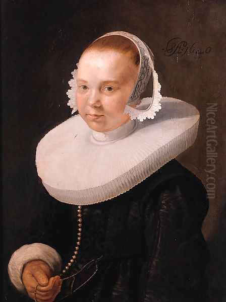 Portrait of a young woman, half length, wearing a black dress with molensteenkraag, lace cuffs and bonnet - view 1
