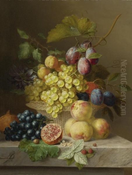 Still Life Of Flowers And Fruit On A Ledge by Arnoldus Bloemers