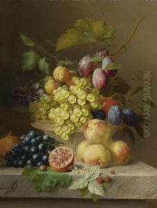 Still Life Of Flowers And Fruit On A Ledge