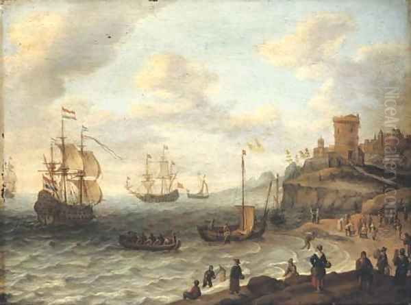 A coastal landscape with shipping and fishermen selling their catch, a fortified settlement on the cliffs beyond - view 1