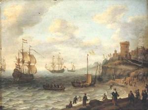 A coastal landscape with shipping and fishermen selling their catch, a fortified settlement on the cliffs beyond by Abraham Willaerts