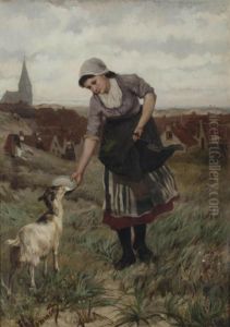 Girl Feeding A Little Goat, Scheveningen by Bernardus Johannes Blommers